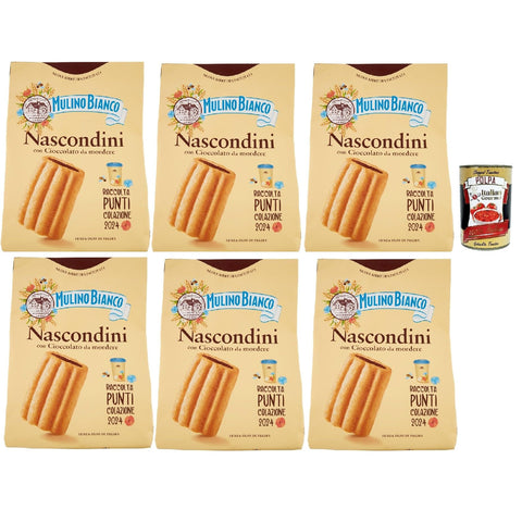 Mulino Bianco Nascondini Biscotti con Cioccolato da Mordere Kekse mit Schokolade in Stücken zum Bissen 6x600 g italienisch Original + kostenlos polpa 400 g