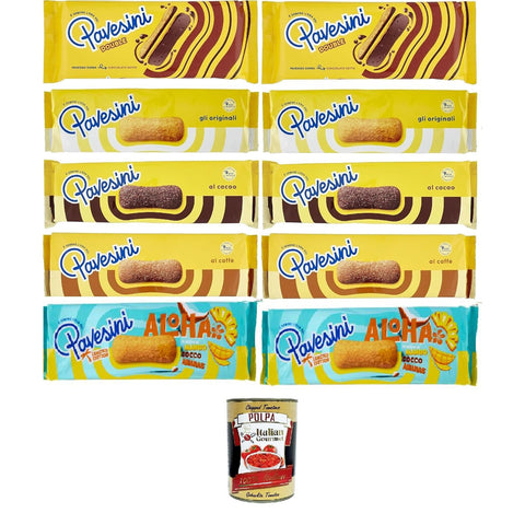 Pavesi Pavesini Testpaket, Snack Croccante Classico, Cioccolato, caffe', double, Aloha, Knuspriger Snack mit dunkler Schokolade, leichter Snack, 10 Stücke