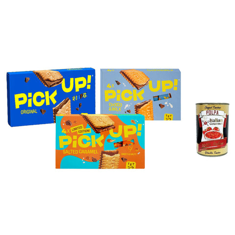 Pick Up Testpaket, Milchschokoladentafel im Doppelkeks, 3x112 g Packung, Jede Packung enthält 4 Kekse à 28 g italienisch Original + kostenlos Polpa di Pomodoro 400