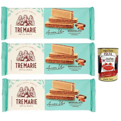 Tre Marie Ancora Uno Wafer Mandorlato Waffeln gefüllt mit Milchschokolade Creme und gehackten Mandeln 3x140 g italienisch Original Kekse + kostenlos polpa 400 g
