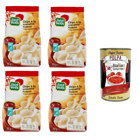 Suzi Wan Cialde di gamberetti Shrimp Waffles Knusprige Waffeln aus Tapiokamehl und Garnelen 4x50 g italienisch Original Pastasauce + kostenlos polpa 400 g