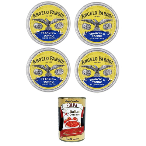 Angelo Parodi Trancio di Tonno in olio di Oliva Thunfischsteak in Olivenöl 4x150 g italienisch Original + kostenlos Polpa di Pomodoro 400 g