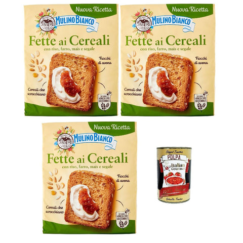 Mulino Bianco Fette biscottate ai cereali Getreide Zwieback Frühstückskekse Zwieback kekse gebackenem Brot 3x315 g italienisch Original + kostenlos polpa 400 g