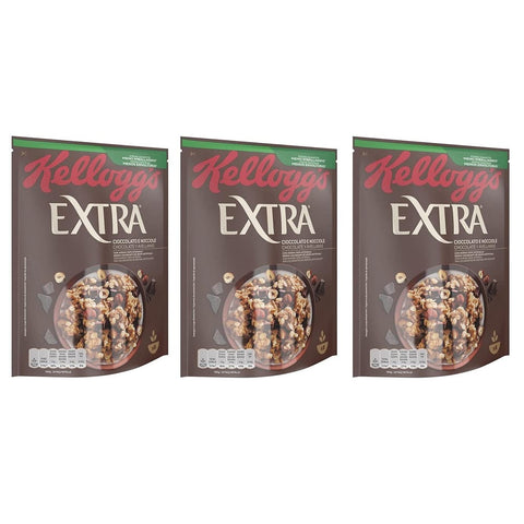 Kellogg's Kaltes Müsli Kellogg's Extra Cioccolato e Nocciole Knusprige Haferflocken mit Schokolade und Haselnüssen 100% Vollkorn - Packung 3x 375g Original italienisch 5053827139229