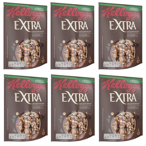 Kellogg's Kaltes Müsli Kellogg's Extra Cioccolato e Nocciole Knusprige Haferflocken mit Schokolade und Haselnüssen 100% Vollkorn - Packung 6x 375g Original italienisch 5053827139229