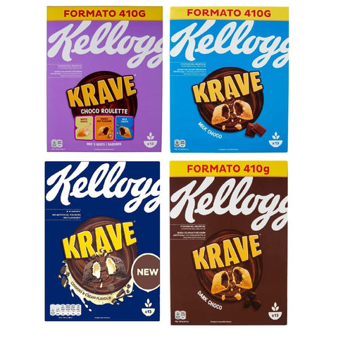Kellogg's Kaltes Müsli Kellogg's Krave Cerealien Weizen-, Hafer- und Reisbündel mit Milchschokoladenfüllung 4x 410g Testpaket Original italienisch 5053827135313