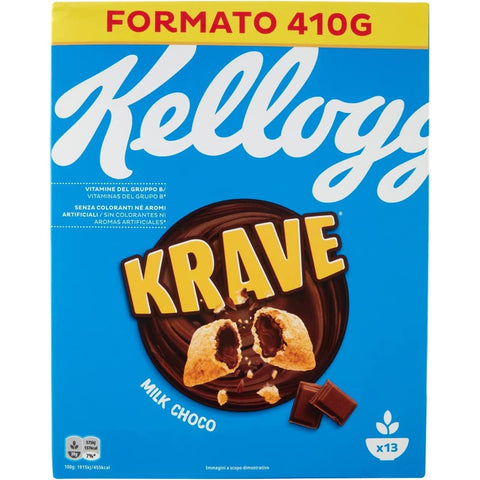 Kellogg's Kaltes Müsli Kellogg's Krave Milk Choco Flavour Cerealien Weizen-, Hafer- und Reisbündel mit Milchschokoladenfüllung 410g 3x Original italienisch 5050083919916