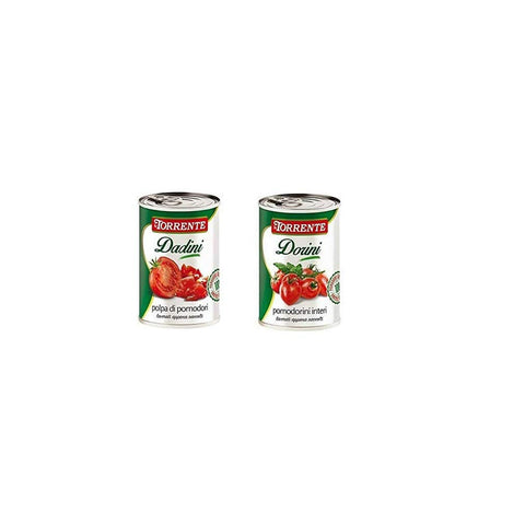 TESTPAKET La Torrente Pomodorini Interi Dorini Kirschtomaten - Polpa di Pomodori Dadini Tomatenmark Tomaten sauce aus Italien dose 48x400 g italienisch Original