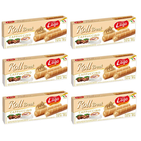 Lago Gastone Lago Roll Break Cappuccino Waffelpad Wafer gefüllt mit Cappuccino-Creme 80 g 6x italienisch Original Kekse