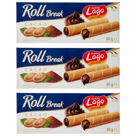 Lago Knabberartikel Lago Gastone Roll Break Cacao Waffelpad Wafer gefüllt mit Kakaocreme 80 g Knabberartikel italienisch Original 8004800005205