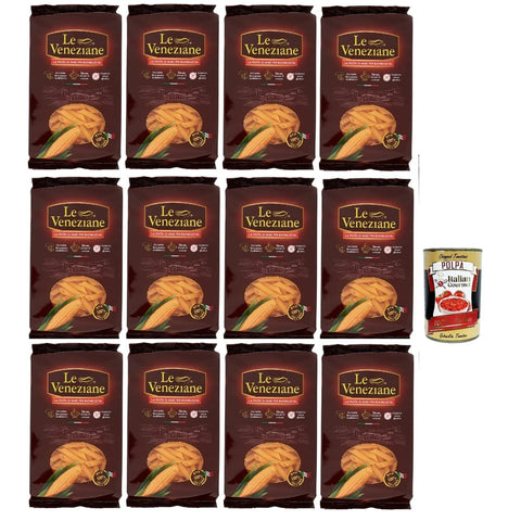 Le Veneziane Kurze Pasta Le Veneziane Pasta di Mais Penne rigate, senza glutine, 100% Maisnudeln, glutenfrei. gluten free 12x 250g inkl. Italian Gourmet polpa 400g Original italienisch 8032804040014