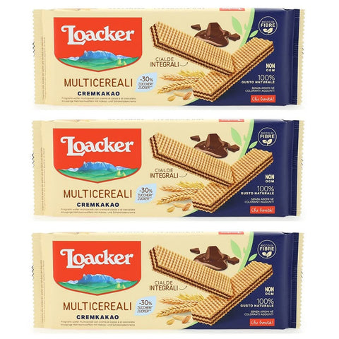 Loacker Wafer Multicereali Cremkakao Mehrkorn Waffeln mit Schokoladencreme und Kakaocreme mit Vollkornmehl 175 g 3x italienisch Original Kekse