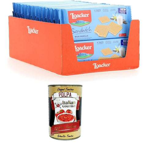 Loacker Kekse Loacker Milch-Vanille-Sandwich - Waffelkekse mit einem Herz aus Milch und Vanillecreme, umhüllt von 2 knusprigen Kakaowaffeln 28x75gr Original italienisch inkl. Italian Gourmet Polpa di Pomodoro 400g 8032804040014