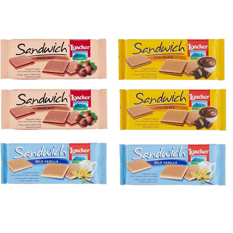 Loacker Kekse Loacker Testpaket Sandwich Noisette Chocolate Milk Vanille duftende Waffeln 6x 75 g Kekse italienisch Original 8000380005512