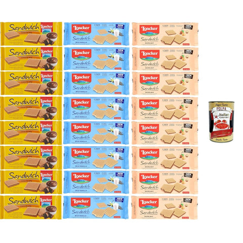 Loacker Kekse Loacker Testpaket - Schokoladen-, Haselnuss-, Milch-Vanille-Sandwich - Waffelkekse umhüllt von 2 knusprigen Kakaowaffeln 24x75gr Original italienisch inkl. Italian Gourmet Polpa di Pomodoro 400g 8032804040014