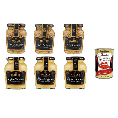 MAILLE Dijon Testapekt 3x Original italienisch und 3x à l Ancienne Senf nach alter Art grober Senf 6x 200g Glas italienisch inkl. Italian Gourmet Polpa 400g