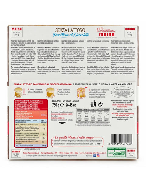Maina Snack Kuchen & Backwaren Maina Panettone Senza Lattosio al cioccolato Laktosefreier Schokoladen-Panettone 750 g, italienisches Original 8005190407938