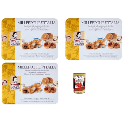 Matilde Vicenzi Snack Kuchen & Backwaren Matilde Vicenzi Millefoglie di Matilde, Auswahl des raffinierten Gebäcks aus Blätterteig, Bissen und gemischten Donuts in einer eleganten Geschenkbox, 3x 375 Gr Original italienisch inkl. Italian Gourmet Polpa 400g 8032804040014