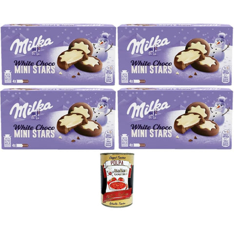 Milka White Choco Mini Stars Weiße Schoko-Ministerne 4x150 g italienisch Original Pastasauce + kostenlos Polpa di Pomodoro 400 g