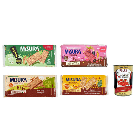 Testpaket Misura Crackers Fibraextra Soia Multigrain italienisches Mehl 4 Stück Original + kostenlos polpa 400 g