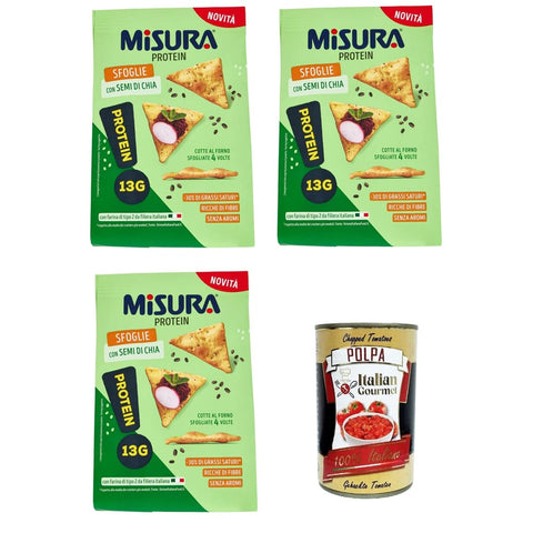Misura Knäckebrot Misura Protein Sfoglie con semi di Chia Protein - Puffs mit Chia - Samen abmessen 3x 170gr inkl. Italian Gourmet Polpa di Pomodoro 400g Original italienisch 8002590091200