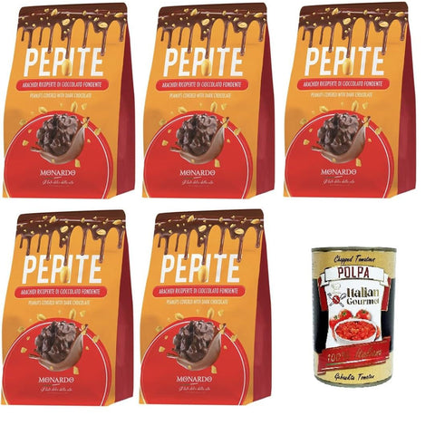 Monardo Pepite Arachidi ricoperte di cioccolato fondente Erdnüsse mit dunkler Schokolade überzogen 5x150 g italienisch Original Pastasauce + kostenlos polpa 400 g