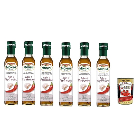 Monini aromatisiertes Knoblauch- und Chili-Gewürz auf der Basis von nativem Olivenöl extra 250 Milliliter 6x Original italienisch inkl. Italian Gourmet Polpa 400g