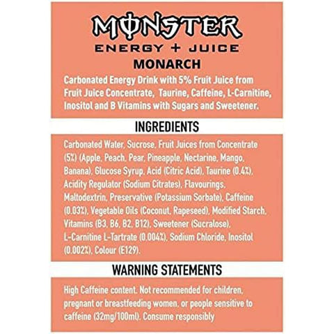 Monster Energy Drinks Monster Energy Monarch koffeinhaltiger Energy Drink mit fruchtigem Geschmack aus Pfirsich und Nektarine in praktischen 48x 500 ml italienisch Original 5060751219316