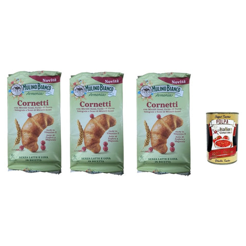 Mulino Bianco Abgepackte Gebäckstücke Mulino Bianco Cornetti, Croissant süßer Snack, Ohne Milch und Eier, mit Blaubeeren, Vollkornmehl und roten Blaubeersamen 3x 228 gr inkl. Italian Gourmet polpa 400g Original italienisch 8076809584692