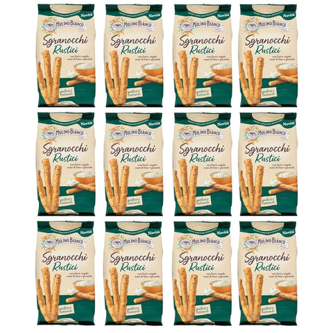 Mulino Bianco Brot- & Käsestangen Mulino Bianco Grissini Sgranocchi Rustici – Knusprige Grissini mit Dinkel, Roggen, Leinsamen & Sonnenblumenkernen – 12x200 g 8076809579544