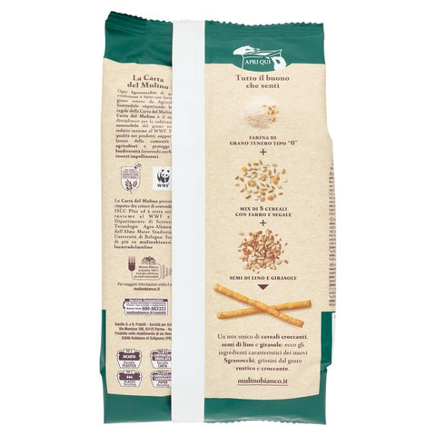 Mulino Bianco Brot- & Käsestangen Mulino Bianco Grissini Sgranocchi Rustici – Knusprige Grissini mit Dinkel, Roggen, Leinsamen & Sonnenblumenkernen – 12x200 g 8076809579544