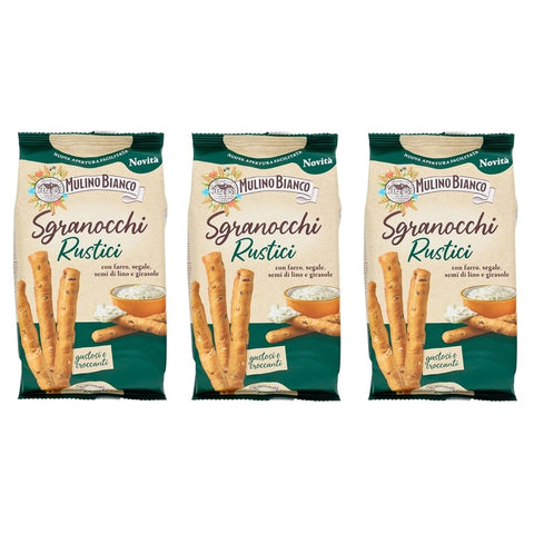 Mulino Bianco Brot- & Käsestangen Mulino Bianco Grissini Sgranocchi Rustici – Knusprige Grissini mit Dinkel, Roggen, Leinsamen & Sonnenblumenkernen – 3x200 g 8076809579544
