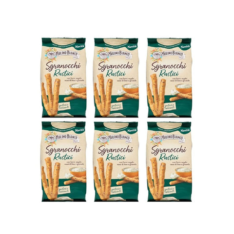 Mulino Bianco Brot- & Käsestangen Mulino Bianco Grissini Sgranocchi Rustici – Knusprige Grissini mit Dinkel, Roggen, Leinsamen & Sonnenblumenkernen – 6x200 g 8076809579544