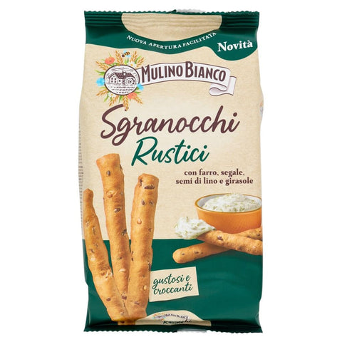 Mulino Bianco Brot- & Käsestangen Mulino Bianco Grissini Sgranocchi Rustici – Knusprige Grissini mit Dinkel, Roggen, Leinsamen & Sonnenblumenkernen – 6x200 g 8076809579544