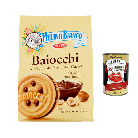 Mulino Bianco Baiocchi Kekse mit Haselnusscreme und Kakao zum Frühstück und süßer für den Nachmittag 260 g 12x italienisch Original + kostenlos polpa 400 g