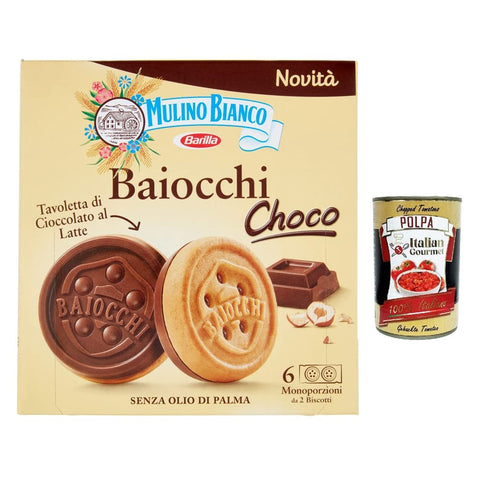 Mulino Bianco Kekse Mulino Bianco Baiocchi Choco 144g Kekse mit Milchschokoladentafel mit Haselnüssen 6x Original italienisch inkl. Italian Gourmet Polpa 400g 8076809580007