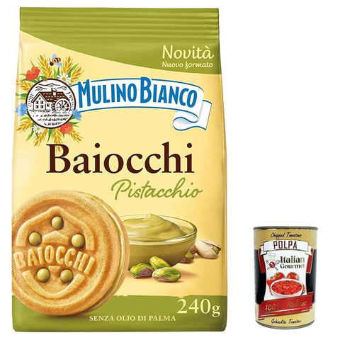 Mulino Bianco Kekse Mulino Bianco Baiocchi Pistacchio,Kekse mit Pistazien und Mürbeteig, ideal zum Frühstück oderSnack, ohne Palmöl 240g 12x Original italienisch inkl. Italian Gourmet Polpa di Pomodoro 400g Dose 8076809583039