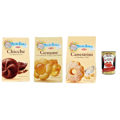 Mulino Bianco Testpaket Kekse Canestrini - Gemme - Chicche, cookies biskuits 3x200 g italienisch Original + kostenlos polpa 400 g