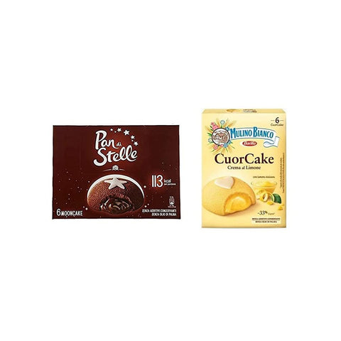 Mulino Bianco Testpaket Barilla Mulino Bianco Cuor Cake Snack gefüllt mit Zitronencreme - Pan di Stelle Mooncake Snack gefüllt mit Schokocreme ( 12x35 g )