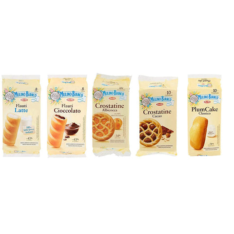 Mulino Bianco TESTPAKET abgepackte Snacks Crostatina Kakao und Aprikose Flauti Schokolade und Milch Plum Cake mit 1x1879g Original italienisch Kekse