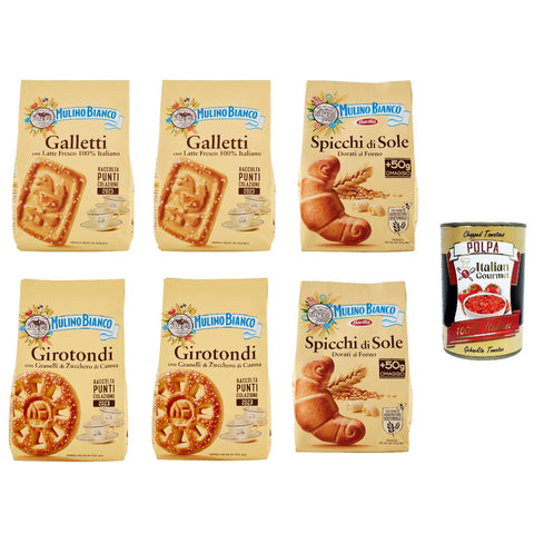 Testpaket Mulino Bianco Galletti Spicchi di sole Girotondi Kekse mit 100 % italienischer Frischmilch 6x350 g Biscuits cookie Original + kostenlos polpa 400 g