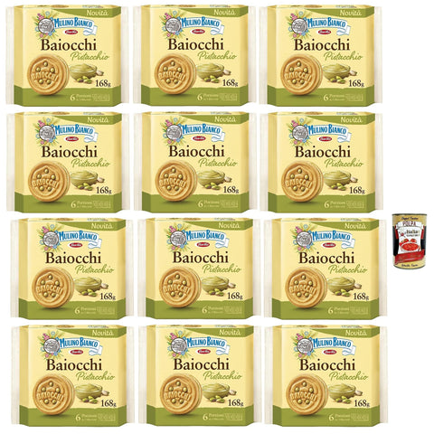 Mulino Bianco Baiocchi Pistacchio Pistazienkekse Pistaziengebäck Kekse mit Pistazien und Mürbeteig ideal für Frühstück oder Palmölfrei 12x168 g italienisch