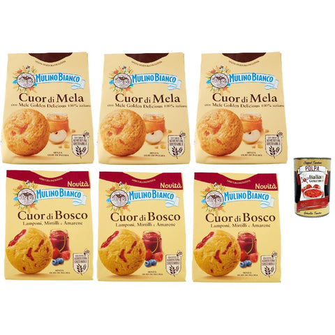 Mulino Bianco Cuor di Mela und Cuor di Bosco Biscotti, Kekse mit 100% italienischen Äpfeln und mit Wald und schwarzem Kirschfest füllen, cookies biscuits 6x 300 g italienisch Original