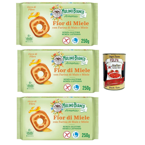 Mulino Bianco Snack Kuchen & Backwaren Mulino Bianco Fior di Miele Biscotti Frollini, Kekse mit Millefiori Honig, gluten free biscuits mit Maismehl, Laktose -freier, Gluten und Palmöl, Mulino Armonia, 3x 250g Original italienisch inkl. Italian Gourmet Polpa 400g 8032804040014