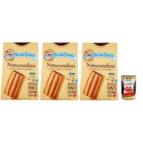 Mulino Bianco Snack Kuchen & Backwaren Mulino Bianco Nascondini Biscotti con Cioccolato da Mordere, Kekse mit Schokolade in Stücken zum Bissen, cookies biscuits, 3x 330 g Original italienisch inkl. Italian Gourmet Polpa 400g 8076809580618