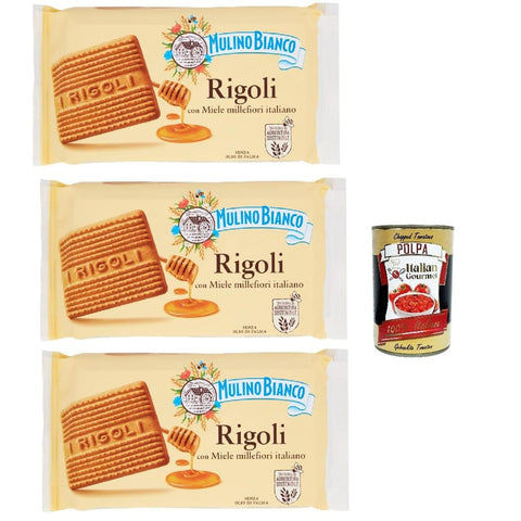 Mulino Bianco Snack Kuchen & Backwaren Mulino Bianco Rigoli Biscotti con Miele Millefiori Italiano, Kekse mit italienischem Millefiori-Honig, biscuits cookies, 3x 400 g Original italienisch inkl. Italian Gourmet Polpa 400g 8032804040014