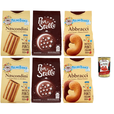 Mulino Bianco Testpaket Pan di stelle - Abbracci - Nascondini Shortbread Kekse mit Schokolade zum Anbeißen biscuits cookies, 2x330 g - 4x350 g italienisch