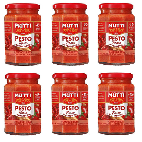 6x Mutti Pesto Rosso Pomodori Rossi Rotes Tomatenpesto Pasta Sauce 100% italienische Tomate Glas 180 g Würzsaucen mit Mandeln, Tomaten, getrockneten Samen und