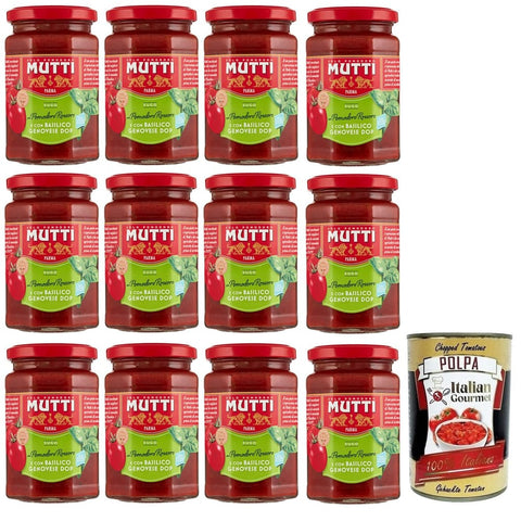 Mutti Pastasaucen Mutti Sugo con Basilico,Sauce mit Rossoro-Tomate und Genuesischem Basilikum DOP,Italienische Tomatensauce 280g 12x Original italienisch inkl. Italian Gourmet Polpa di Pomodoro 400g Dose 8005110513053
