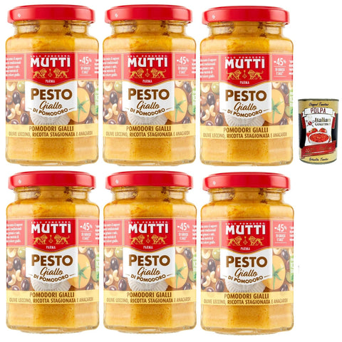 Mutti Pesto di Pomodoro giallo Pesto mit gelben Tomaten Oliven erfahrener Ricotta und Anacardi 6x190 g italienisch Original + kostenlos polpa 400 g